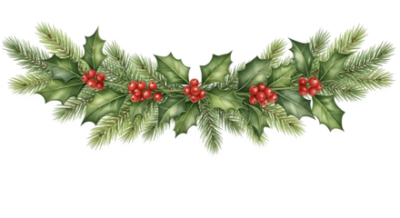 Festive christmas garland made of fir branches and holly berries isolated on transparent background
