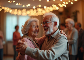Elderly couple dances joyfully at an indoor house party. Friends and family mingle, sharing laughter and conversation under warm string lights. Seniors enjoy active retirement life.