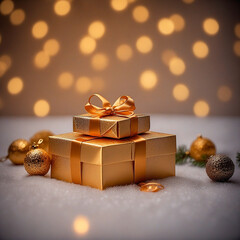 background new year, gold decorations and gift, boke with cristmas lights