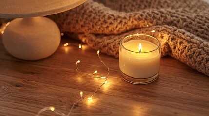 Cozy Warm Lighting with Candle and Fairy Lights on Wooden Surface 