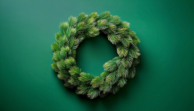 Top-down view of a thick, natural evergreen pine wreath made of dark green branches, set against a solid, rich emerald green background with copy space. - Powered by Adobe