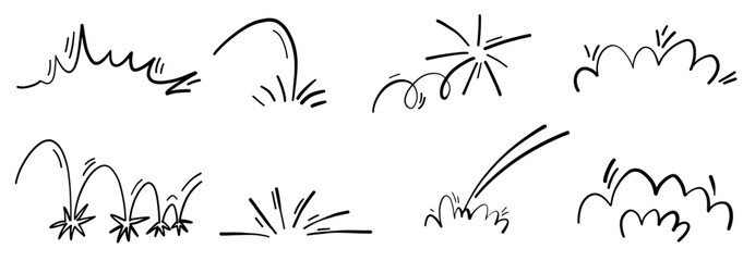 Line art comic doodle explosion burst vector illustration. Motion splash pop impact hand drawn element set. Water gas effects.