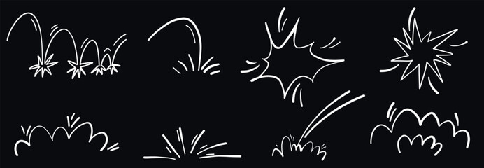 Line art comic doodle explosion burst vector illustration. Motion splash pop impact hand drawn element set. Water gas effects.