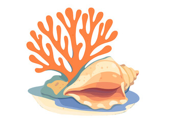 Tropical conch shell and vibrant orange sea coral resting on the ocean floor