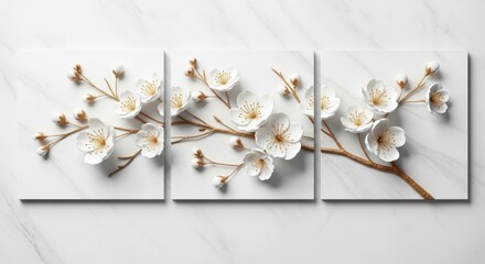 Triptych of white blossom branch with golden stamens