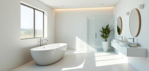 Fototapeta premium Modern minimalist bathroom with freestanding tub, sleek fixtures, and natural light, interior, style