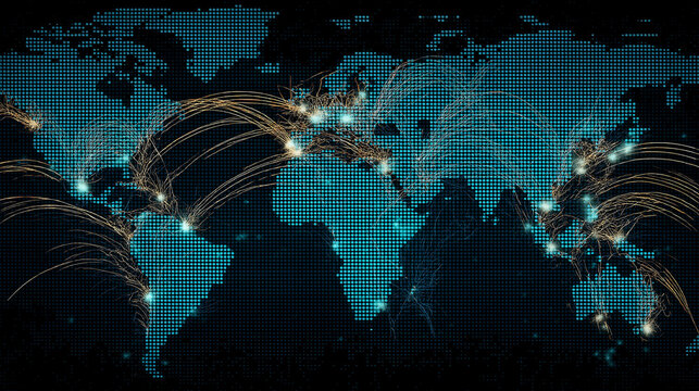 Global supply chain network connecting manufacturers, wholesalers, e-commerce, and retailers with light pulses and glowing nodes on a dotted world map
