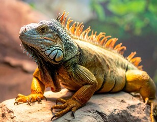 Vivid close-up shot of a large reptile on a rock, displaying textured skin and vibrant orange-yellow spikes. The iguana gazes with keen eyes