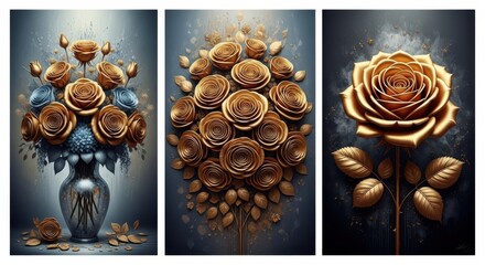 Golden roses in a vase and single rose, a luxurious and elegant floral arrangement on dark background