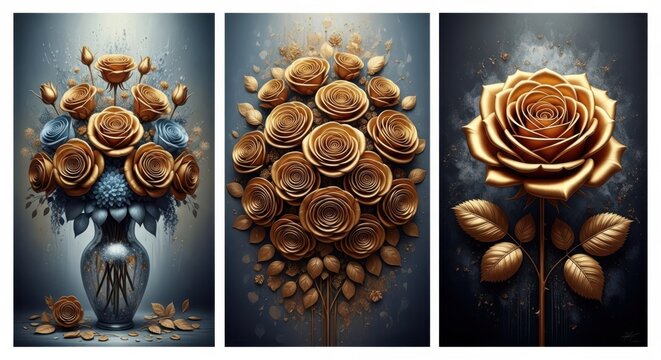 Golden roses in a vase and single rose, a luxurious and elegant floral arrangement on dark background
