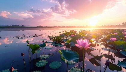 A beautiful sunrise illuminates a calm lake covered in pink lotus flowers and lily pads, with the sky reflecting in the water.