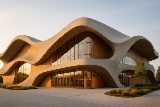 Modern architectural building with unique wavy design in warm light - Powered by Adobe