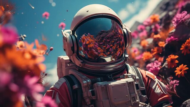 Blooming canyon astronaut in slow motion animation video. Spaceman among orange pink flowers under blue sky animated footage clip seamless HD motion. Science fiction with nature concept