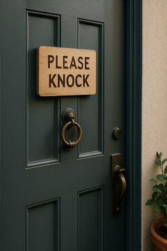Decorative door with a wooden sign saying 'please knock'