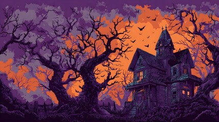 A haunting gothic mansion nestled in a dark autumnal forest surrounded by twisted bare trees and a horde of bats against a dramatic orange purple sky