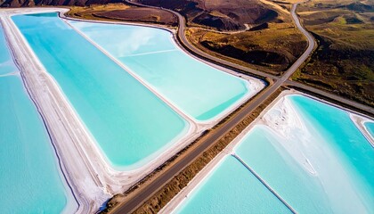 An aerial perspective showcases large, rectangular evaporation ponds filled with vibrant turquoise water, separated by dirt paths and roads, set against a backd