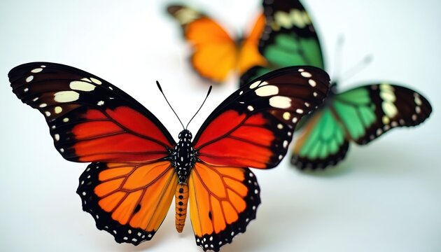 Orange and green butterflies shown close up on white background. These insects have patterned wings. Multiple colorful moths appear in focus and out of focus.