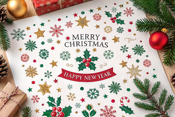 A festive christmas and new year's greeting card adorned with stars and snowflakes.