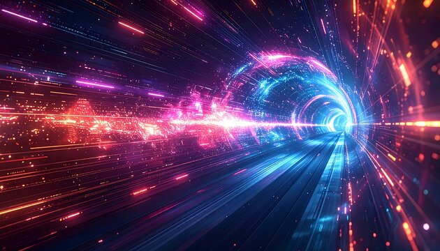Abstract tunnel with glowing, colored light streaks speeding towards the viewer, creating a sense of motion