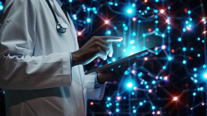 A doctor is using a tablet to look at a patient's medical records. The tablet is on a table - Powered by Adobe