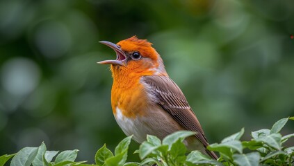 Fototapeta premium Bird with Open Beak, Orange Head, and Brown Feathers in a Green Foliage Environment.