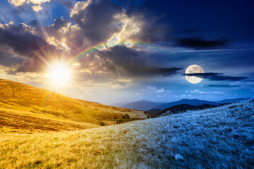 landscape with grassy meadow of ridge. day and night time change concept. mountain scenery on summer solstice with sun and moon at twilight. travel background. nature duality and transition template