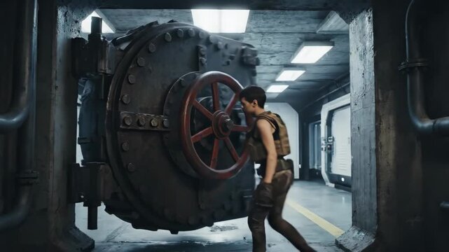 Lone survivor walks toward a massive reinforced vault door with a red wheel in a dark, grimy underground bunker of concrete and pipes in a dystopian post-apocalyptic setting