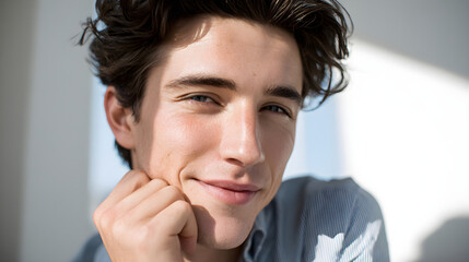 Fototapeta premium Young man with curly hair smiling, showcasing a relaxed and confident expression in bright light