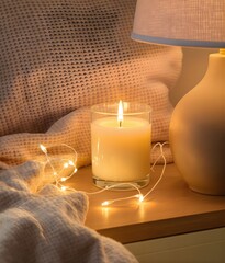 Peaceful Winter Home Decor with Candle, Lamp, and Warm Light Glow 