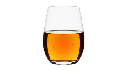 Isolated stemmed glass of amber drink with golden hue, reflecting light beautifully.