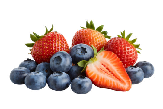 vibrant assortment of blueberries and strawberries for a healthy choice . Isolated on transparent background, png