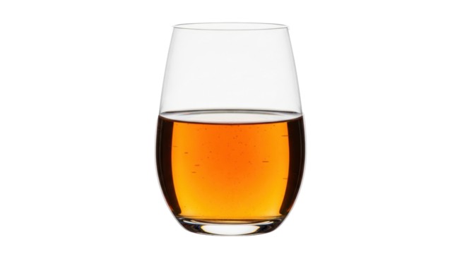 Isolated stemmed glass of amber drink with golden hue, reflecting light beautifully.