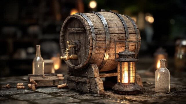 A rustic still life of a wooden barrel, lantern, bottles, and corks on a stone surface