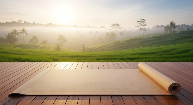 Yoga mat on wood deck with rice terraces and morning sun - Powered by Adobe
