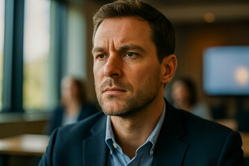 Obraz premium Serious man in suit focused during meeting in office setting
