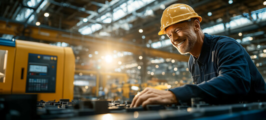 Happy man in yellow hard hat working in a factory setting