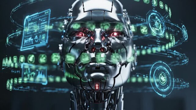Cybernetic robot head with glowing blue eyes processing data, displaying holographic ui and visualizations conveying advanced artificial intelligence, neural networks, and futuristic tech