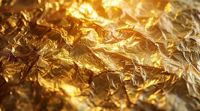 Close up shot of crumpled gold foil creating a textured and reflective surface with bright highlights