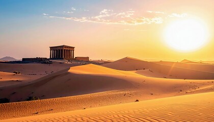 An ancient Greek temple ruin is situated on a hill overlooking vast sand dunes under a bright, warm sun.