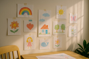 Obraz premium Colorful children's drawings displayed on wall in cozy room