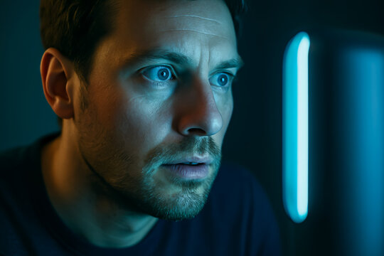 Young man intently focused on computer screen in dark room