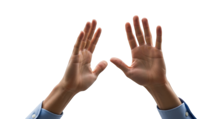 Isolated Caucasian hands raised, arms wearing blue shirt, view from below, reaching, touching
