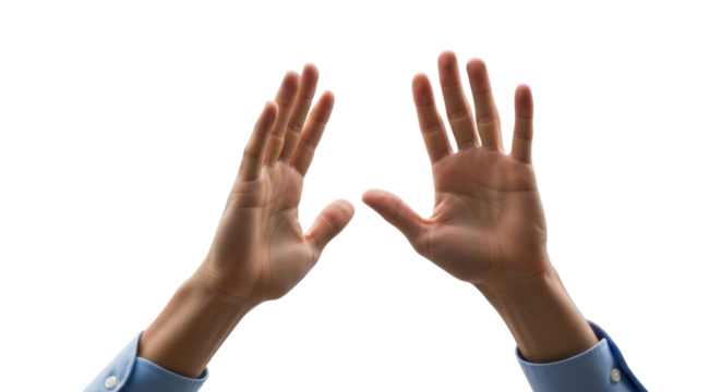 Isolated Caucasian hands raised, arms wearing blue shirt, view from below, reaching, touching