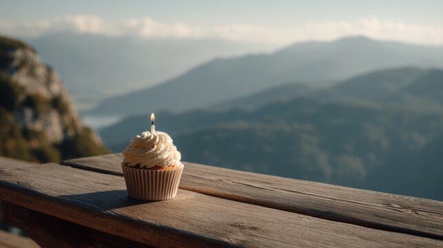 Colorful birthday cupcake with lit candle on rustic wooden table against peaceful mountain view, celebrating outdoors with scenic landscape and sweet dessert decoration