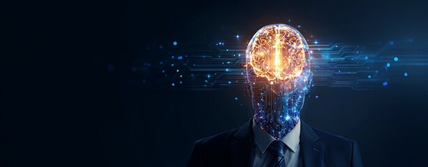 A futuristic concept of artificial intelligence with a glowing digital head representing innovation and creativity in tech.