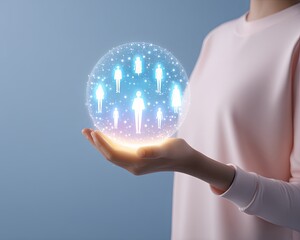 A person holds a glowing sphere with abstract human figures, symbolizing connection and digital innovation in modern technology.