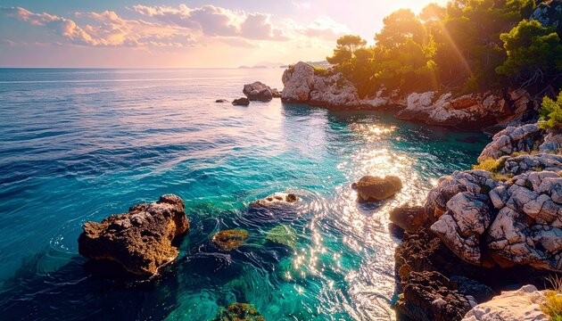A scenic view of a rocky coastline with clear turquoise water and sunlight streaming through trees on the shore.
