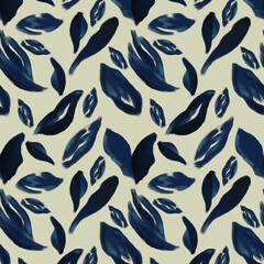 Navy Blue Abstract Brush Leaf Seamless Pattern