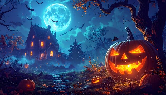 Eerie Halloween night scene haunted house, pumpkins glowing under a large moon and swarming bats silhouette