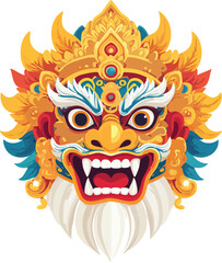 A vibrant and detailed illustration of a traditional Balinese Barong mask, featuring fierce eyes, sharp teeth, and ornate golden headdress.